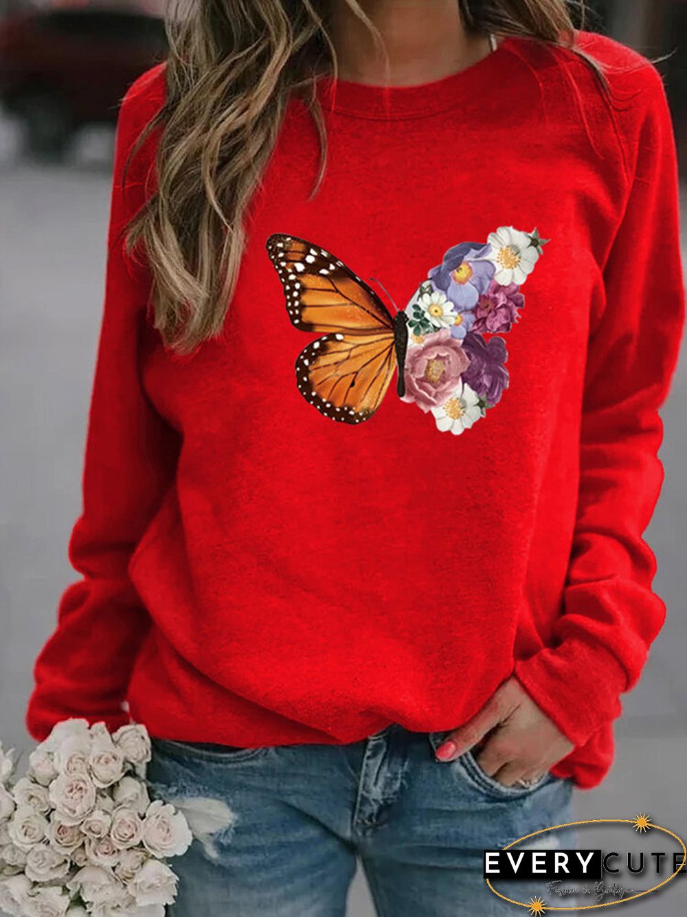 Flower Butterfly Print Long Sleeve Sweatshirt For Women