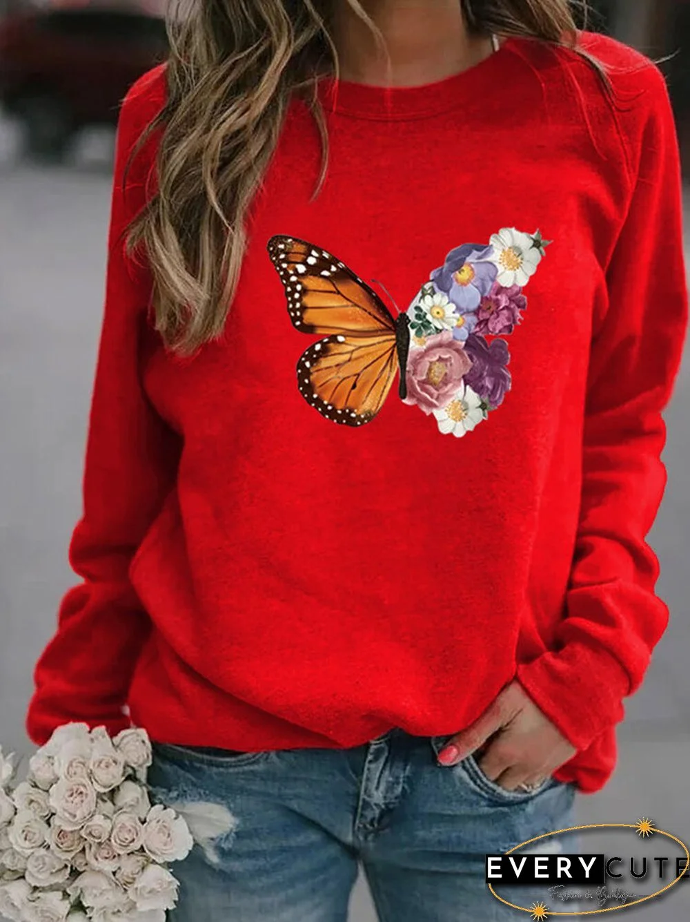 Flower Butterfly Print Long Sleeve Sweatshirt For Women