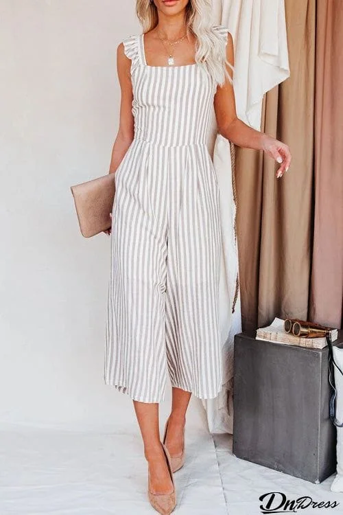 Fashion Loose Stripe Sleeveless Pockets Jumpsuit