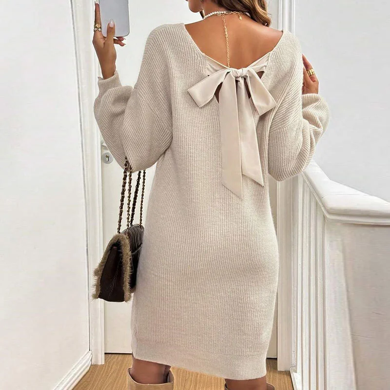 Athvotar Athvotar And Winter New Loose Knitting V-Neck Bow Long-Sleeved Sweater Dress Girl