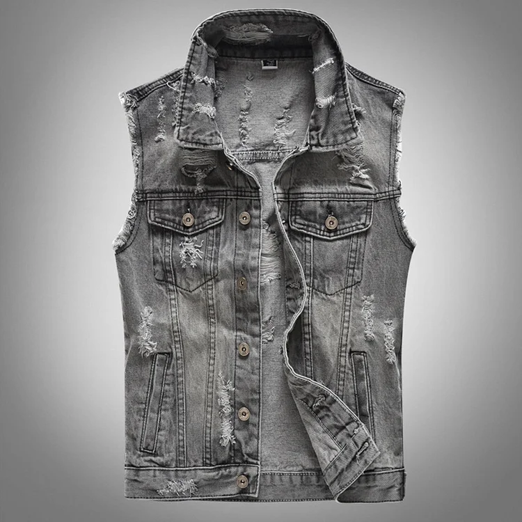 Retro Motorcycle Gray Ripped Denim Single-Breasted Vest