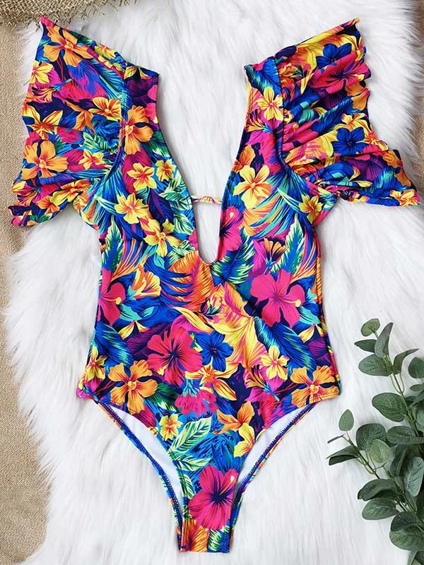 Floral Print Falbala One Piece Swimsuit 