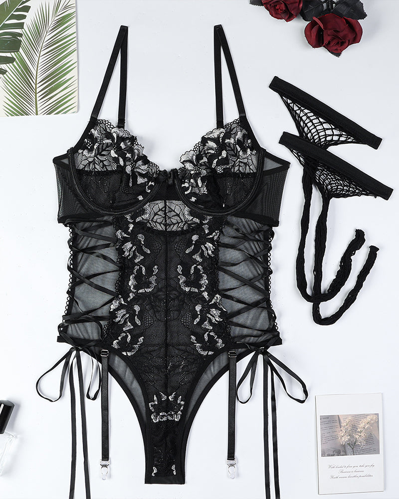 Lovingerie - Lace Tie Lingerie Bodysuits With Stockings
