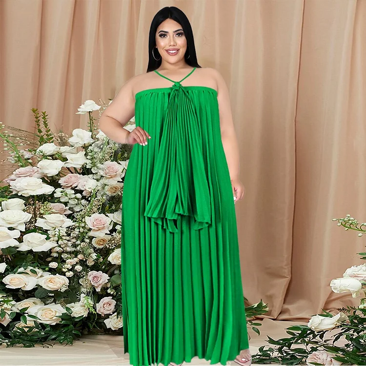 Green Summer Dresses Halter Sleeveless Loose Pleated Beach Vacation Gowns Stylish Plus Size 3XL 4XL Oversized Women Outfits 2022 QueenFunky