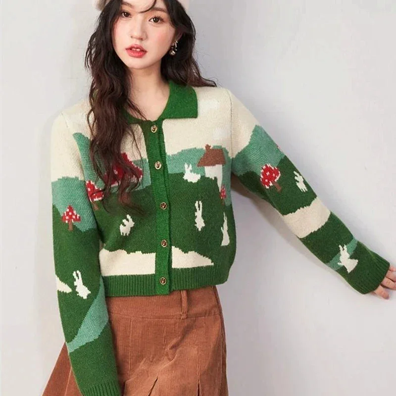 Tlbang Green Painting Cardigan POLO Shirt Jackets Rabbit Mushroom Cartoon Jacquard Weave Knitwear Sweater All-match Autumn Clothes