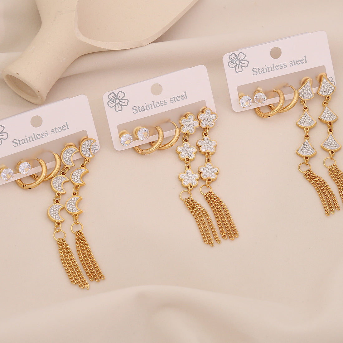 3 Pairs Of Flower Tassel Earrings Meet The Water Drop Moon Stainless Steel Earrings All-Match Earrings E606