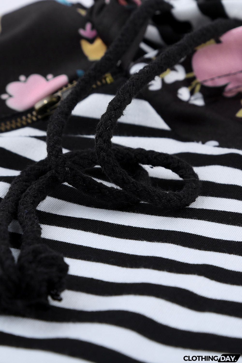 Striped Floral Print Long Sleeve Zipper Hoodie