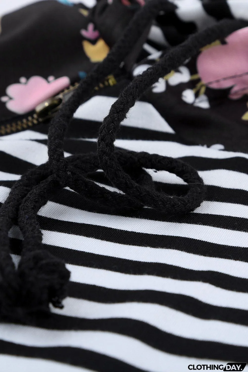 Striped Floral Print Long Sleeve Zipper Hoodie