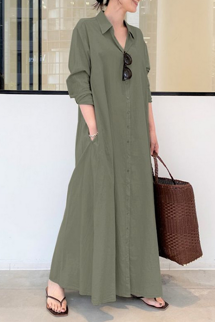 Casual Solid Pocket Buckle Turndown Collar Shirt Dress Dresses - Life is Beautiful for You - SheChoic