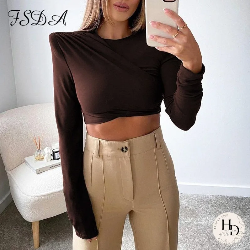 O Neck Brown Long Sleeve Crop Top Women Basic Casual Autumn Winter Sexy T Shirts Black Ruched Streetwear Fashion
