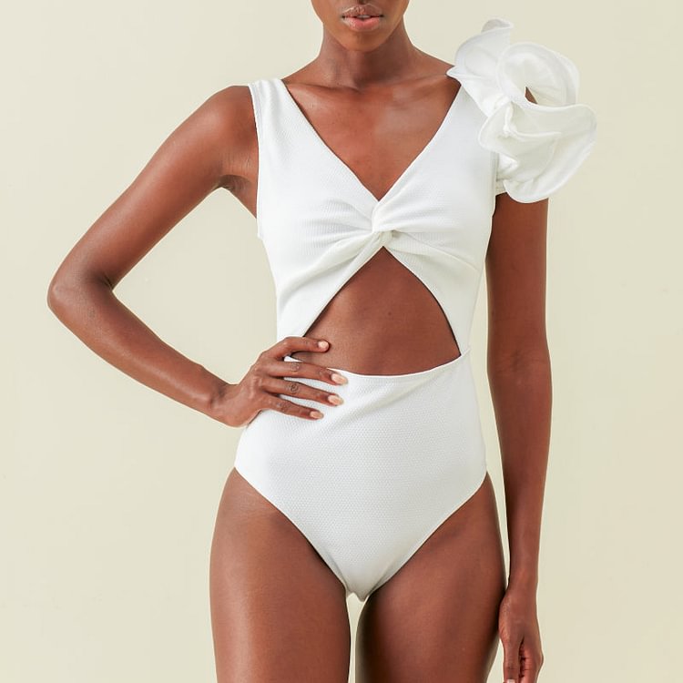 Flaxmaker Cutout Ruffle Solid Color Pitted Fabric Sexy One Piece Swimsuit