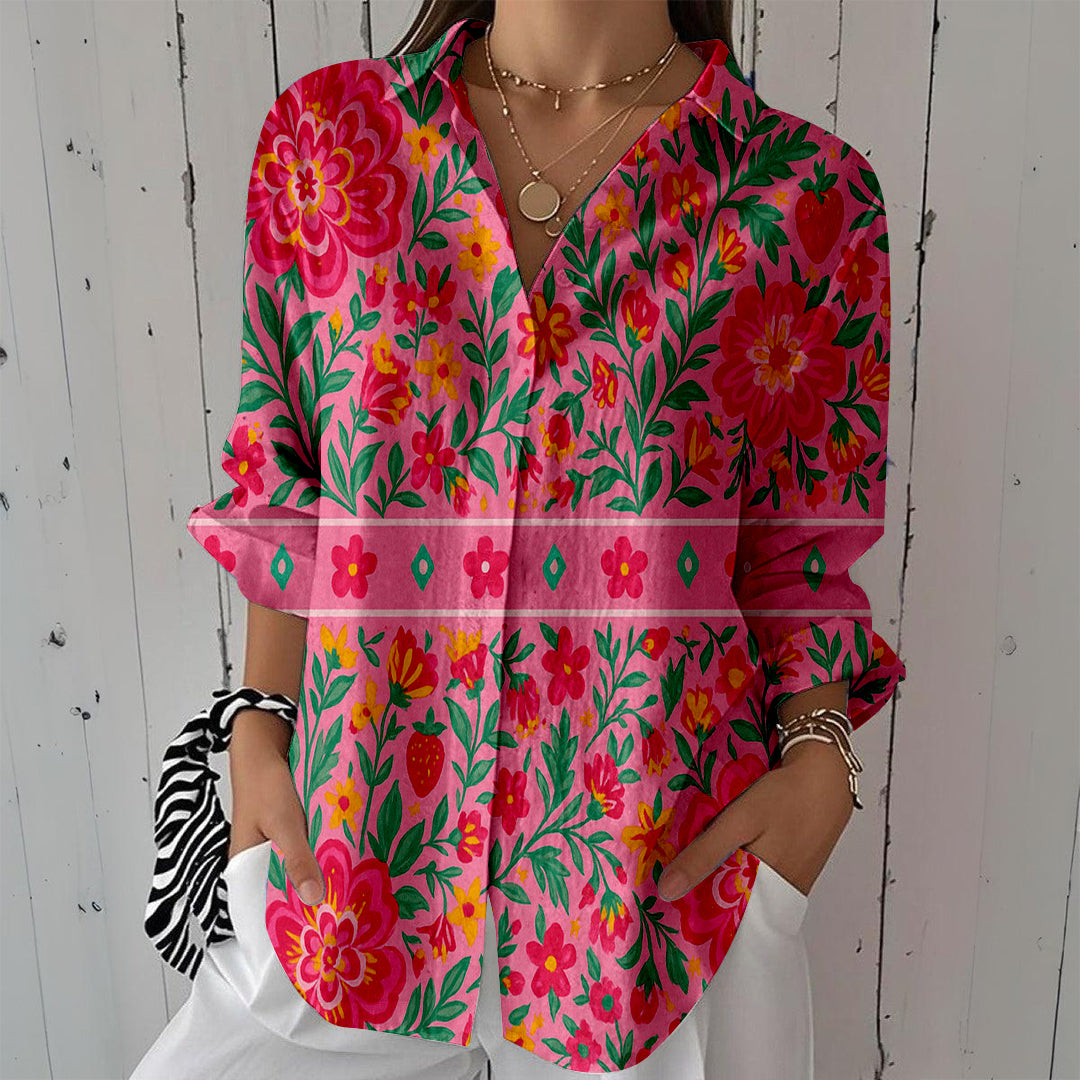 Women Long Sleeve V-neck Graphic Floral Printed Top