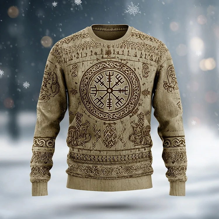 Men's Vintage Viking Vegvisir Pattern Knit Crew Neck Sweater