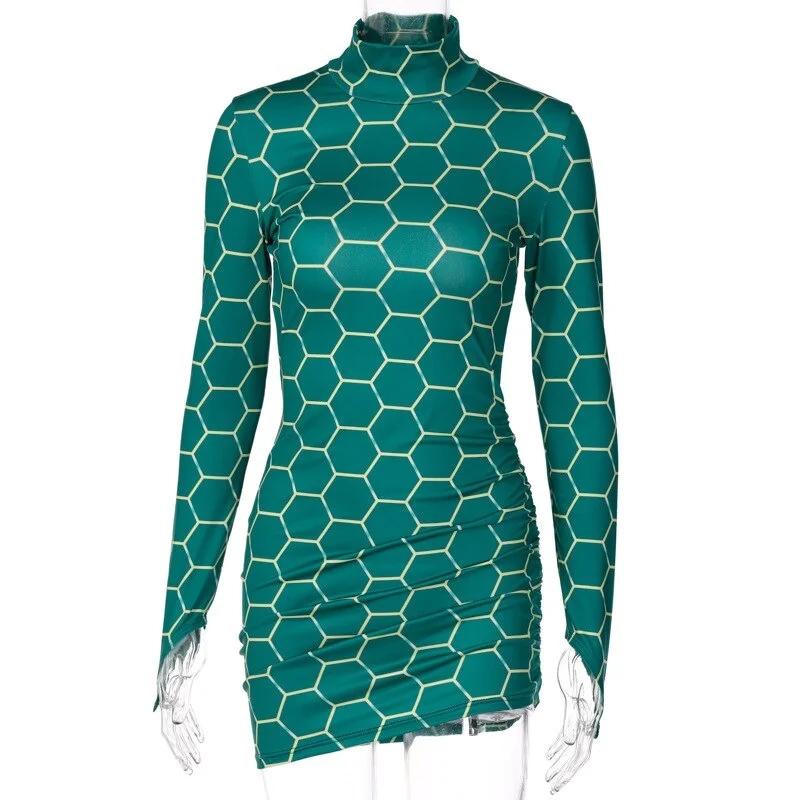 Women Fall Digital Print Long Sleeve Backless Bandage Metal Rings Bodycon Mini Dress 2023  Clothes Outfits Elegant