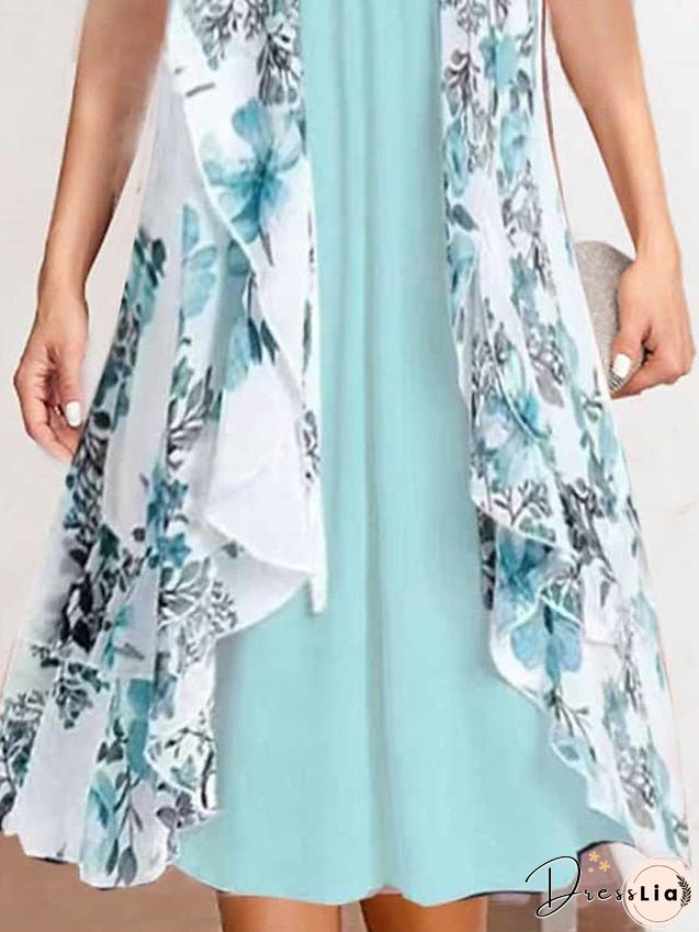 Two-piece dress set casual chiffon daily holiday fashion modern print midi crew neck short