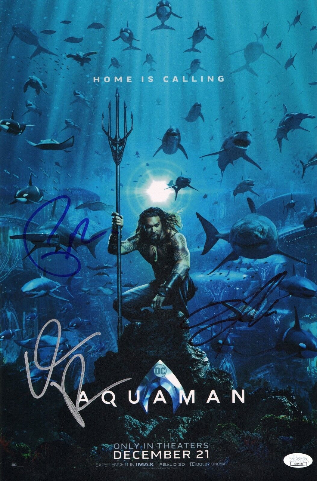 AQUAMAN Cast X3 Authentic Signed JASON MOMOA 11x17 Photo Poster painting (JSA COA) C