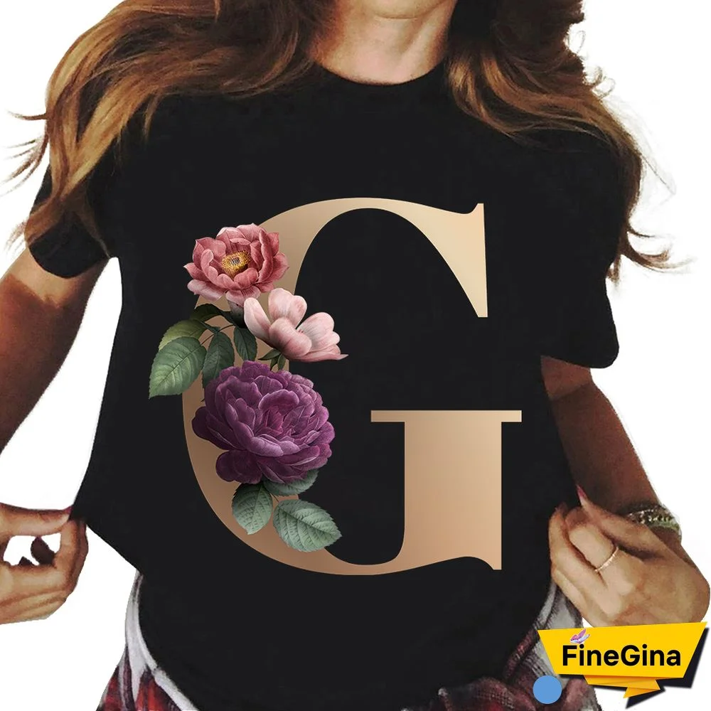 Custom Name Letter Combination T-shirt 26 FloralAlphabetFontClassicTShirt Fashion Harajuku Kawaii TShirt Women Top Tees