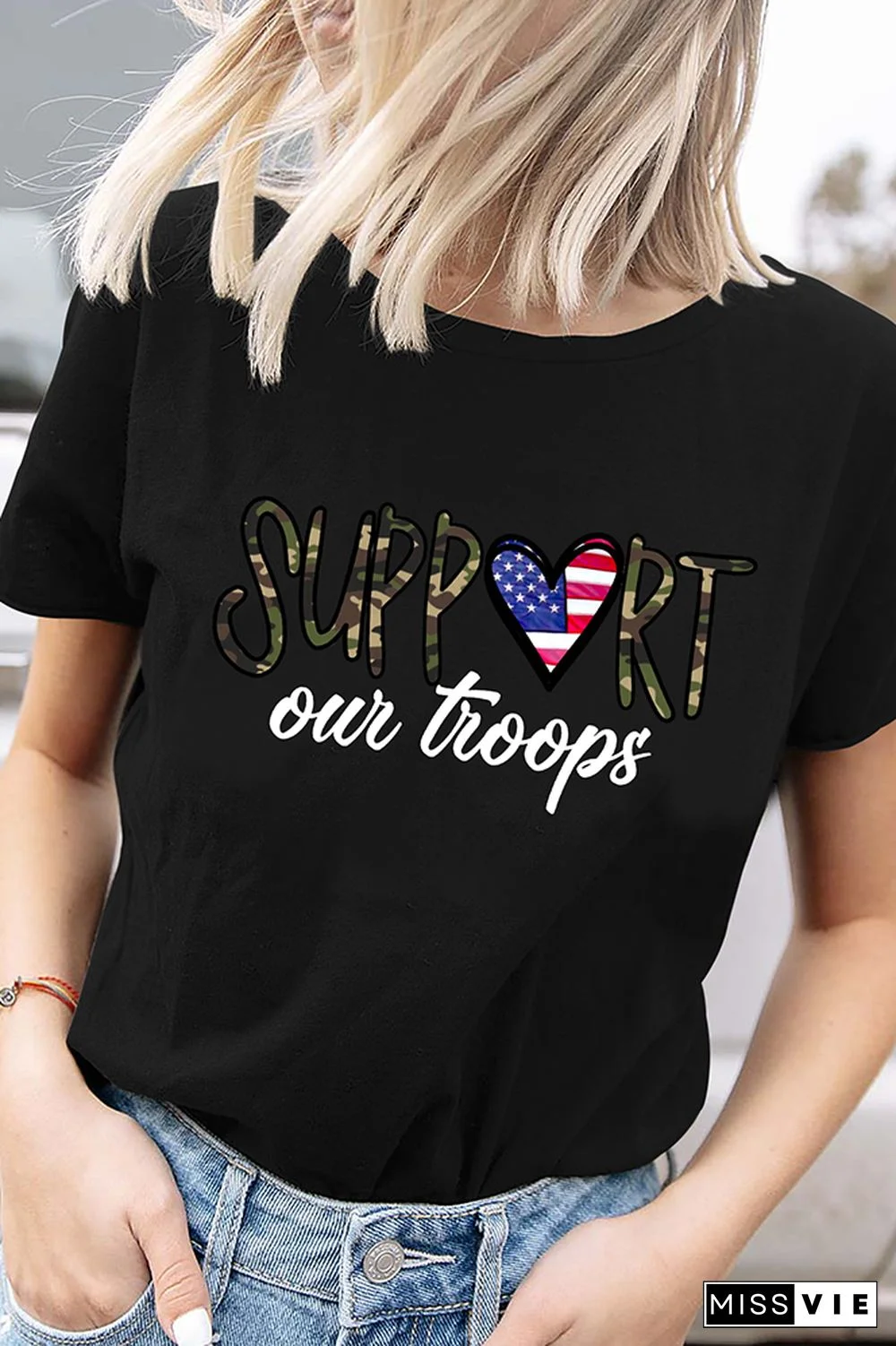 Support Our Troops Printed Graphic Tees for Women Wholesale Short Sleeve T shirts Top