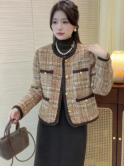 Vintage Round Neck Collar Jackets Women Short Fashion Casual Basic Coats Loose Versatile Splice Blazers Autumn and Winter 2025