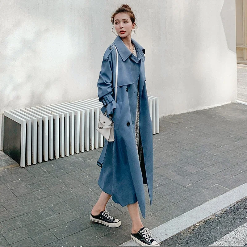 Brand New Fashion Women Trench Coat Beige Long Double-Breasted with Belt Spring Autumn Lady Duster Coat Female Outerwear Quality