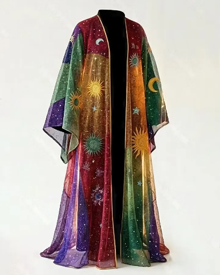 Men's Summer Fashion Star and Moon Print Color Patchwork Linen Cape 1477