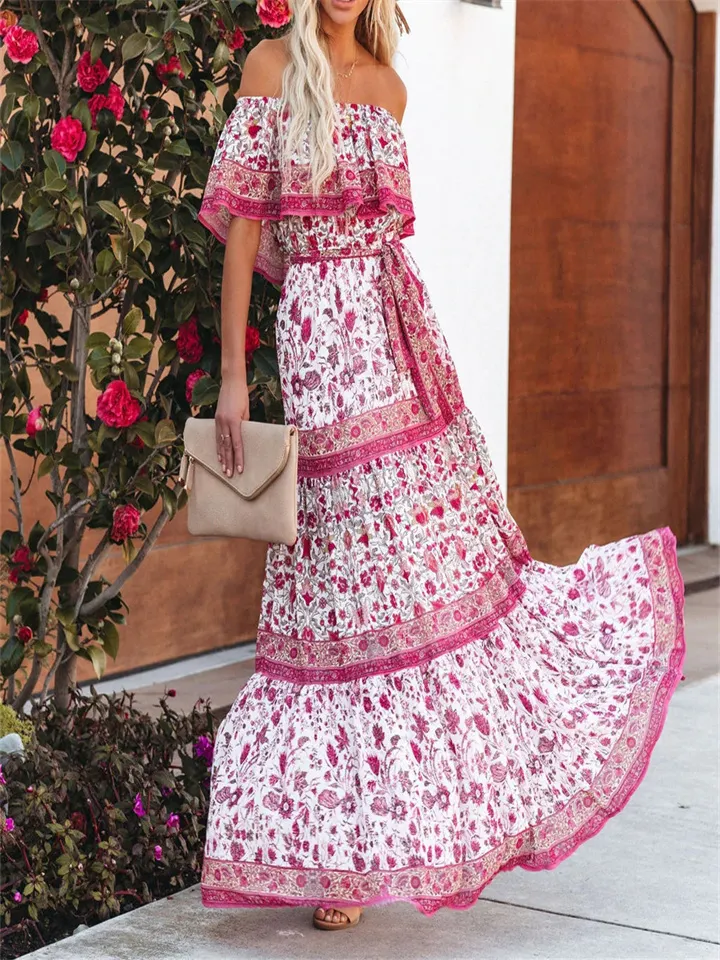 Summer New Off Shoulder Print Long Swing Dress Black Dresses
