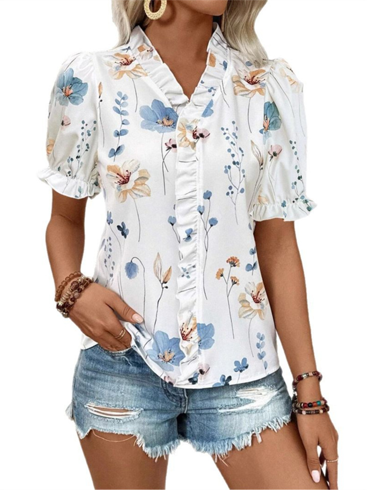 Women's New Ruffles V-neck Printed Bubble Sleeve Women's Shirt-JRSEE