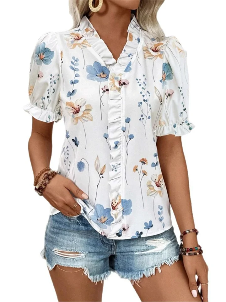 Women's New Ruffles V-neck Printed Bubble Sleeve Women's Shirt-JRSEE