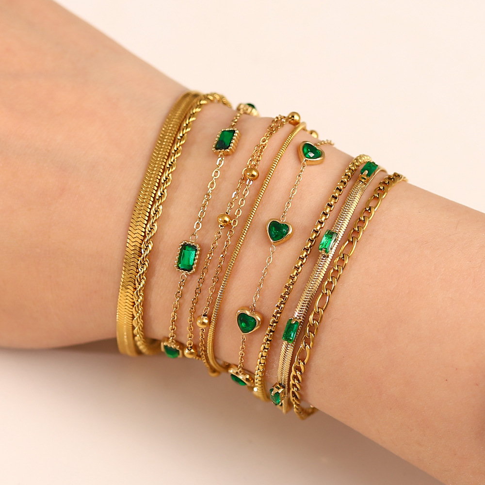 Elegant French-Inspired Gold-Plated Zircon Bracelet with Lustrous Green Accents - Hypoallergenic Titanium Jewelry