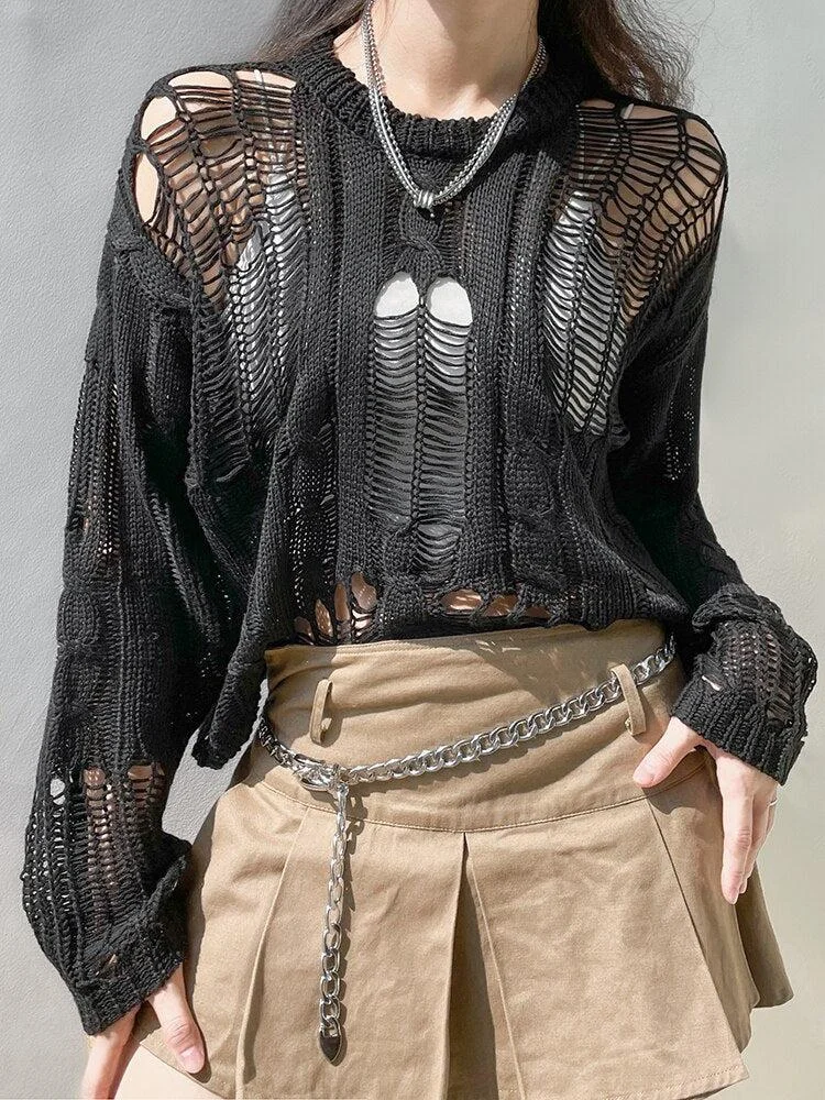 Brownm Distressed Knit Sweater