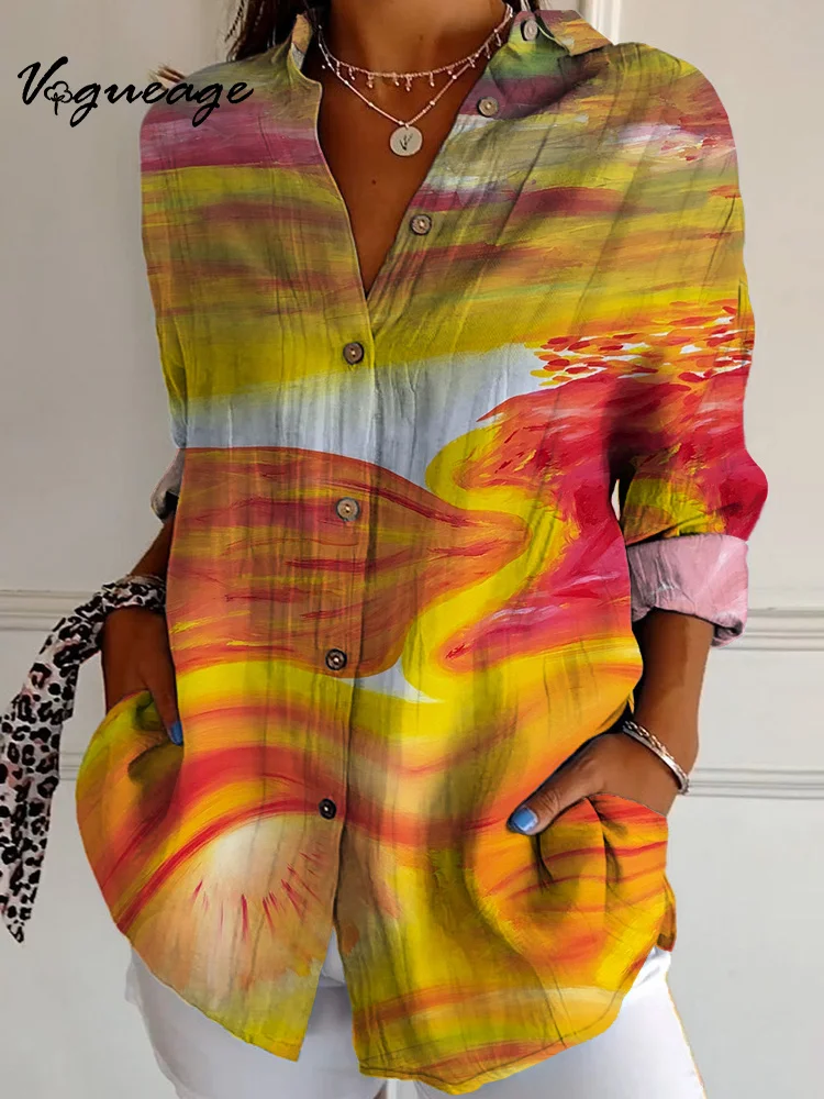 Bright Gentle Elegant And Creative Painting Long Sleeves Printed Cotton And Linen Shirt