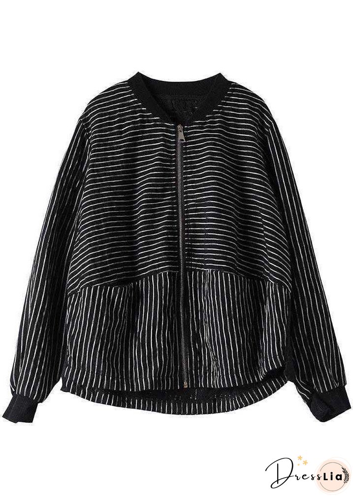 Street Black Striped zippered Pockets Fall Jacket Long sleeve