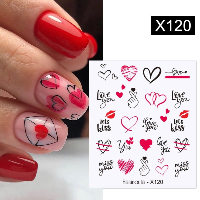 Harunouta Love Heart Designs Red Lips Water Decals Kiss You Miss You English Letter Stickers Valentine's Day Nail Art Decoration