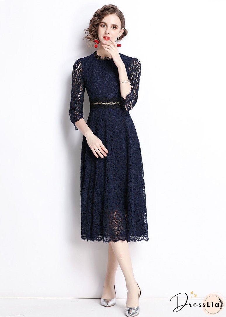Modern Navy Embroideried Hollow Out Lace Long Dresses Bracelet Sleeve