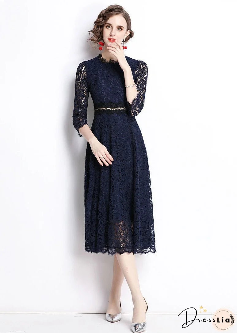 Modern Navy Embroideried Hollow Out Lace Long Dresses Bracelet Sleeve