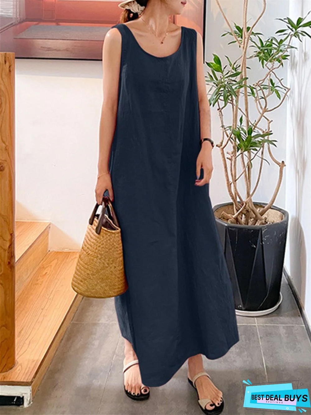 Long Suspender Cotton Linen Simple Style Loose Pocket Round Neck Temperament Sleeveless Dress