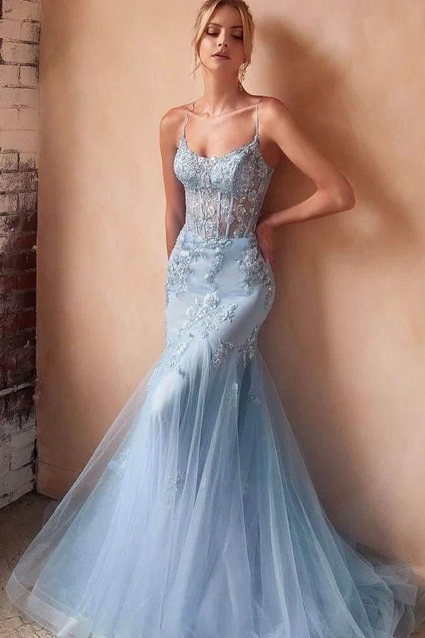 Baby Blue Sleeveless Spaghetti Strap Embroidery Mermaid Prom Dress ZC0013