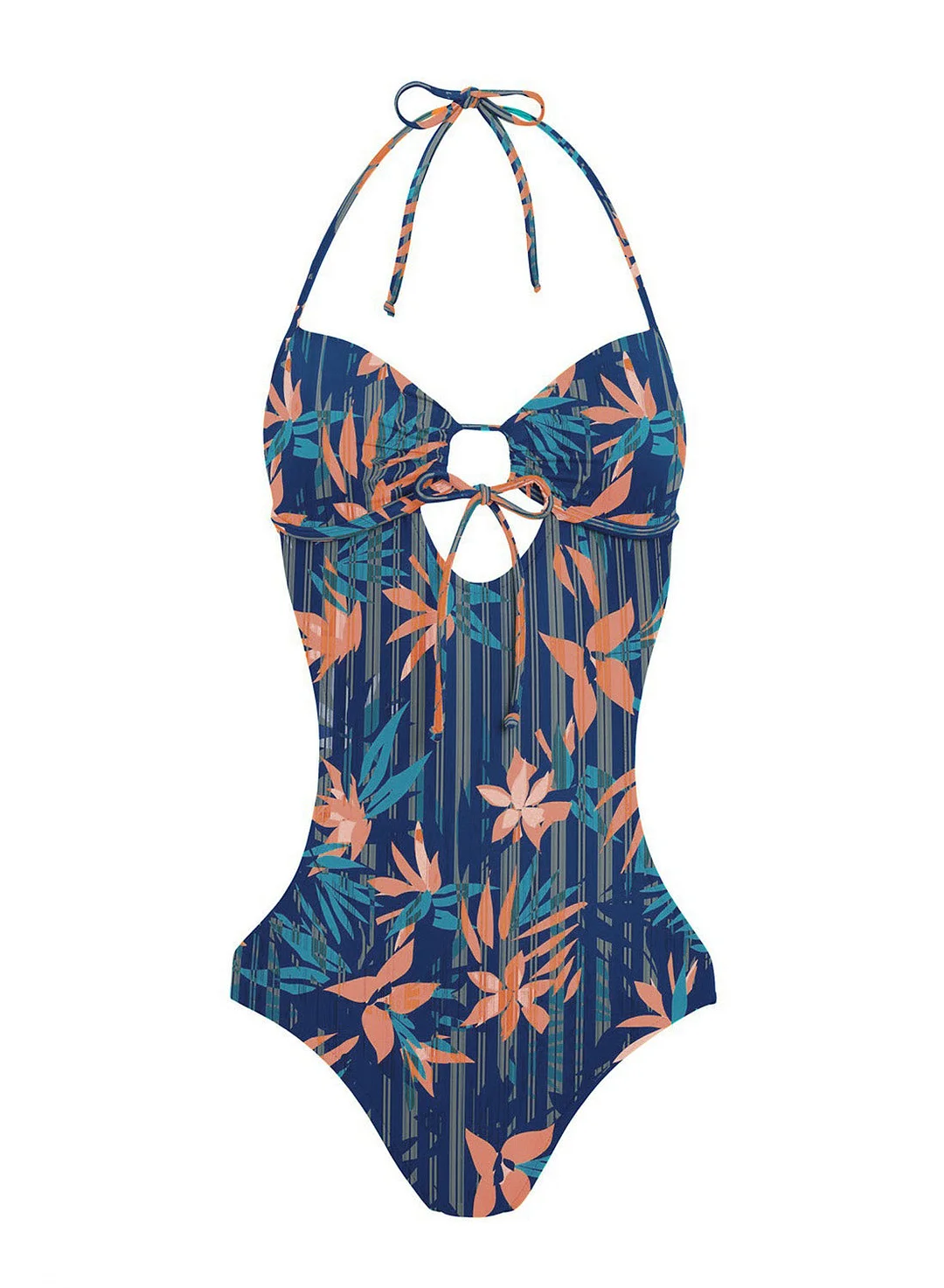 Buzzdaisy Womens Floral Leaves Striped One Piece Swimsuit Monokini Wire-free Halter Sleeveless Bathing Suit Cut Out