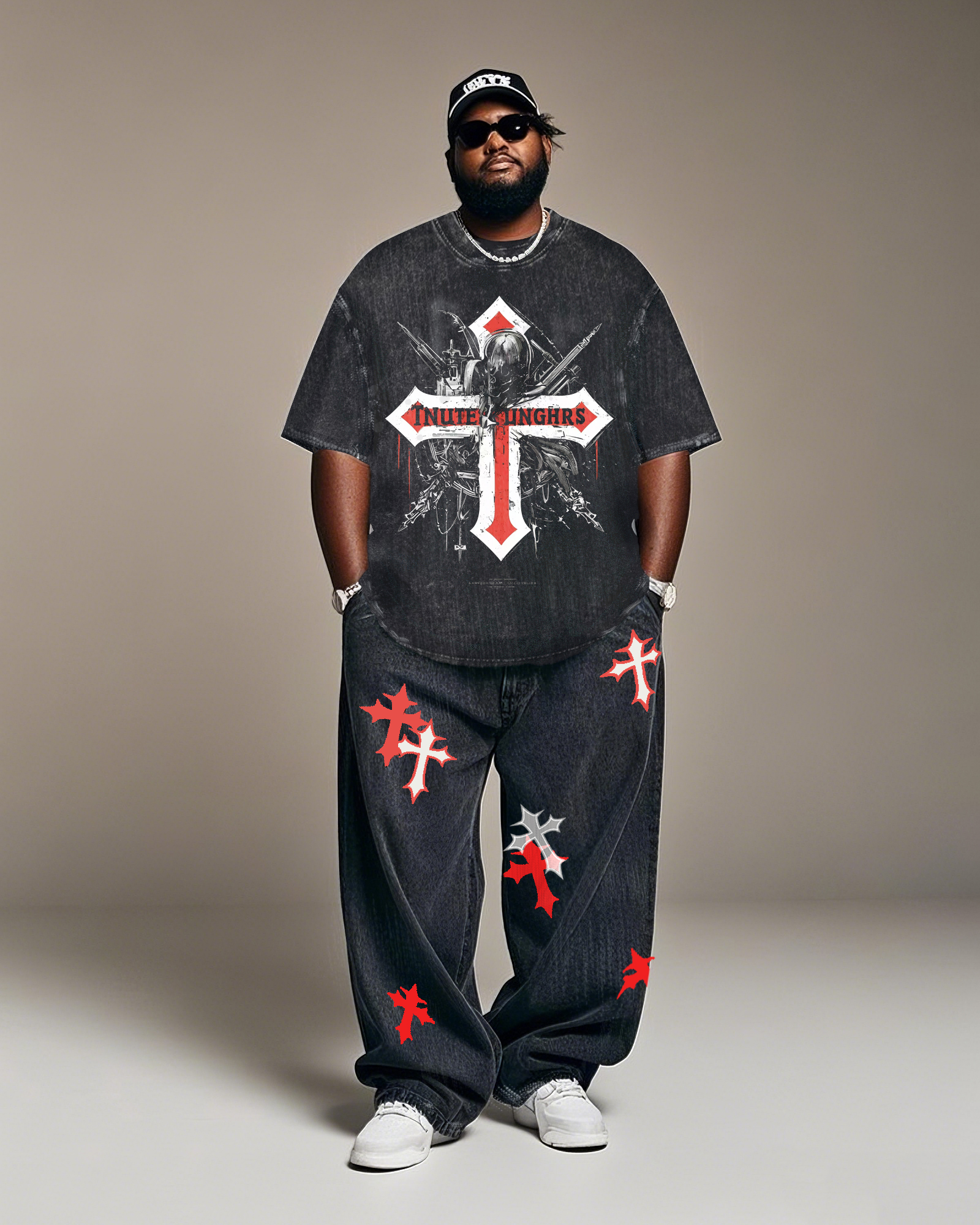 Plus Size Men-Water Denim-Cross Print Suit
