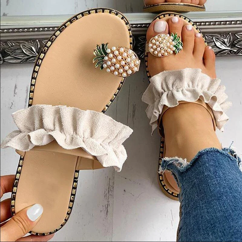 New Women Slipper Pineapple Pearl Flat Toe Bohemian Casual Shoes Beach Sandals Ladies Shoes Platform Sandalias De Mujer 2021