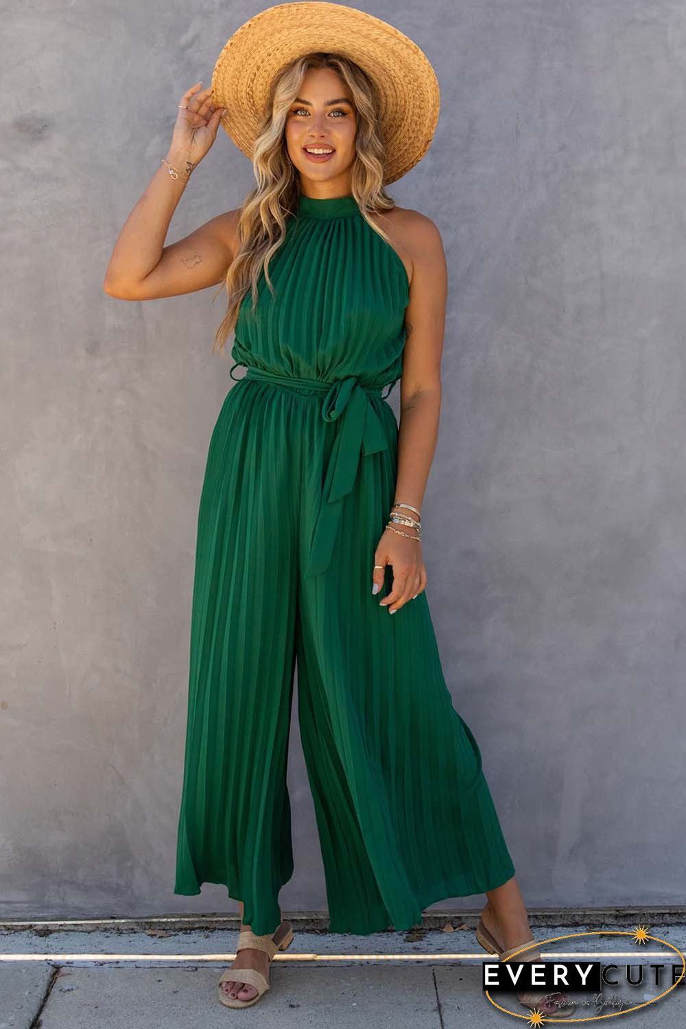 Green Halter Neck Pleated Wide Leg Jumpsuit with Belt