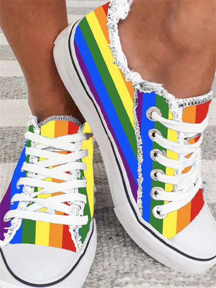 Rainbow Striped Frayed Hem Canvas Shoes