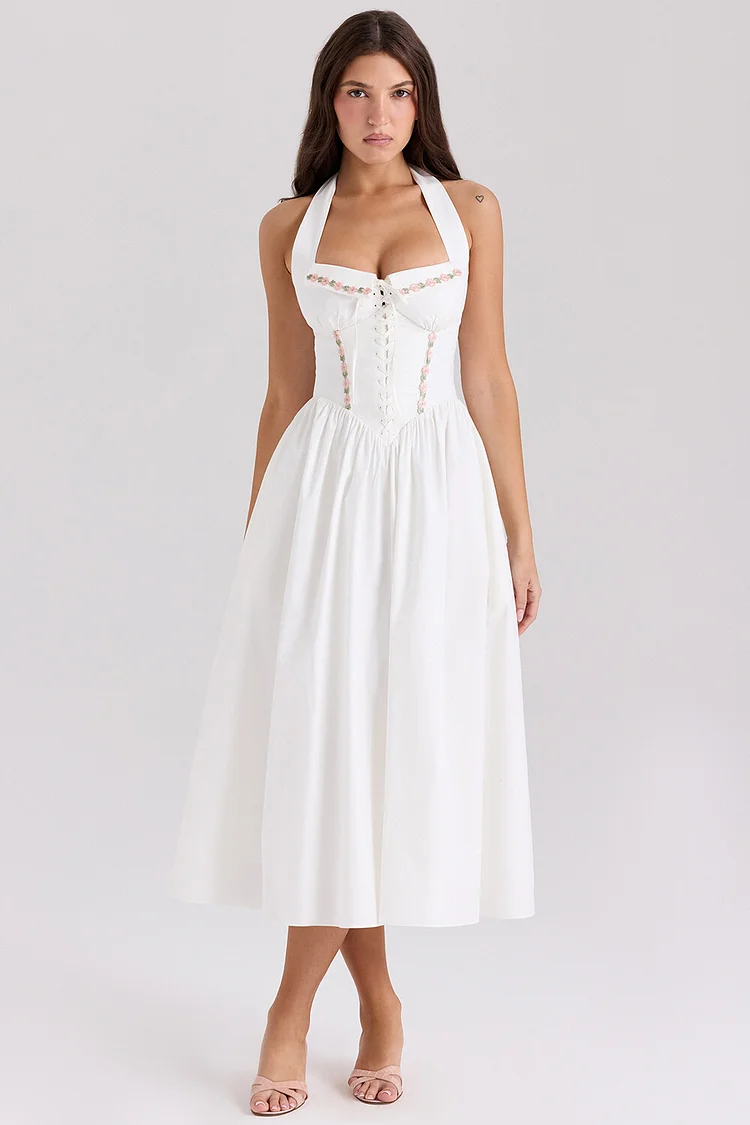 Embroidery Cinch Waist Halter Neck Midi Dresses-White [Pre Order]