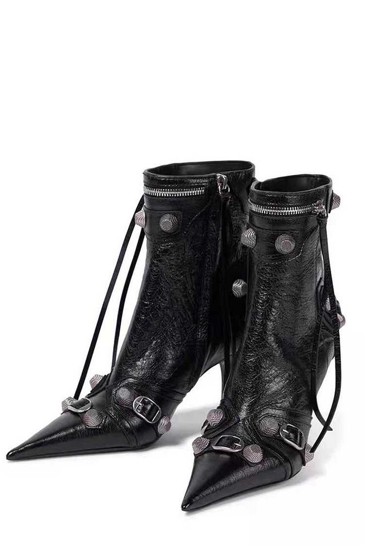 Daily Fashion Winter Black Pointed Rivet Zipper Super High-Heeled Fine Heel Short Boots