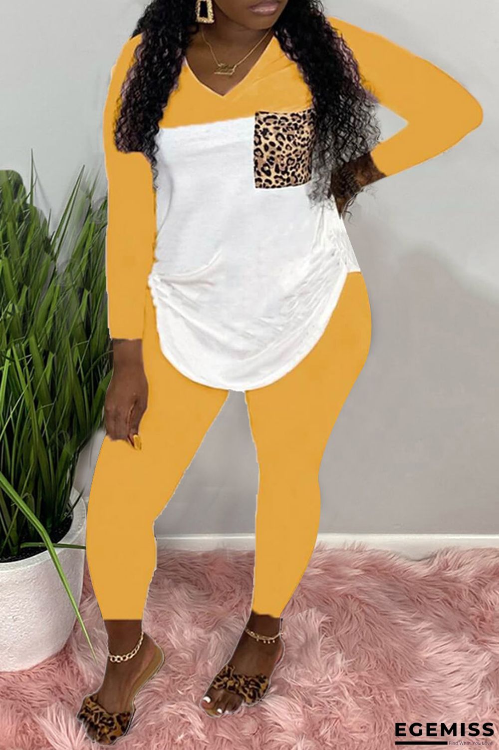 Yellow Fashion Casual Patchwork Patchwork O Neck Plus Size Set | EGEMISS