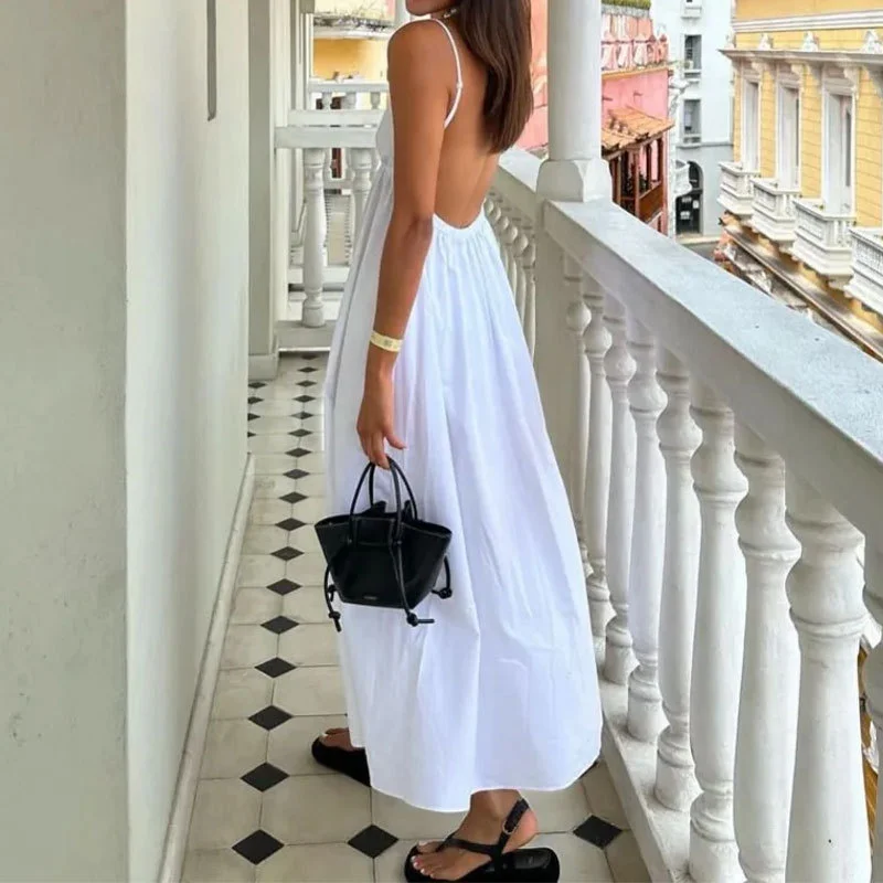 Uveng Uveng Winter New Women's Temperament Sexy Back Sleeveless Solid Color V Collar Sling Skirt Big Place Dress