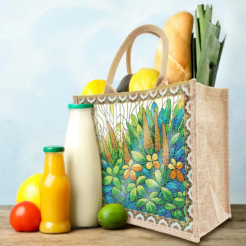 Linen Green Garden Diamond Art Large Capacity Handbag Birthday Gift for Friends