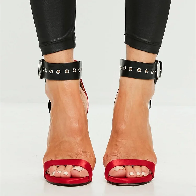 Red Satin Open Toe Stiletto Heels Black Buckle Ankle Strap Sandals |FSJ Shoes