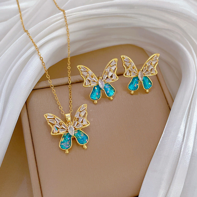 Necklace Earring Set Full Diamond Blue Bow Personalized Party Earrings And Pendant Set