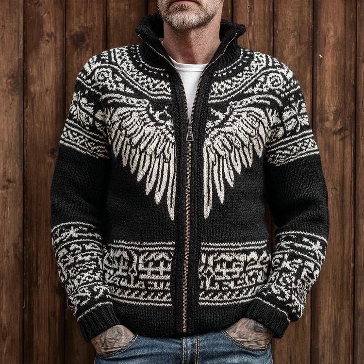 Men's Viking Celtic Wings Pattern Full Zip Cozy Sweater Cardigan